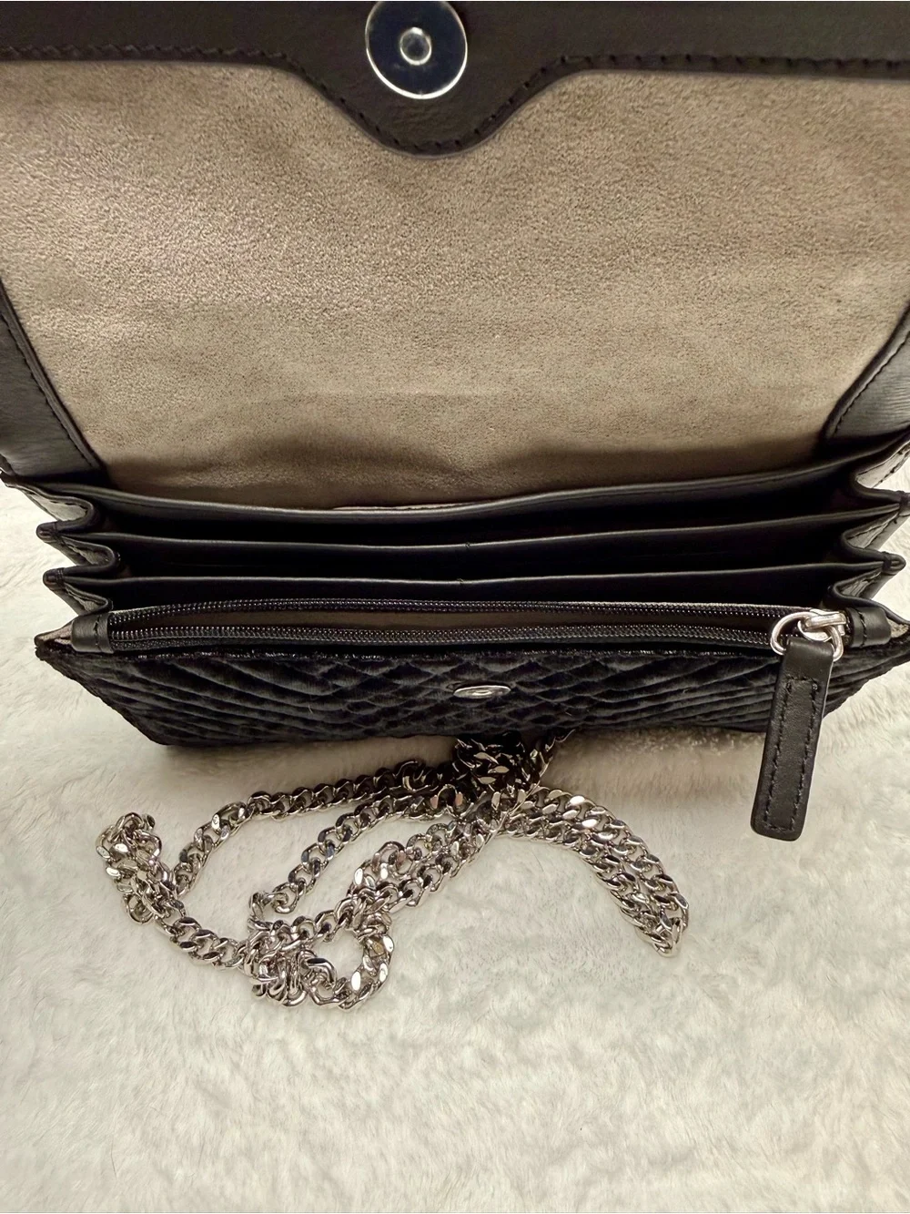 Vince Camuto small black velvet quilted shoulder bag with silver chain